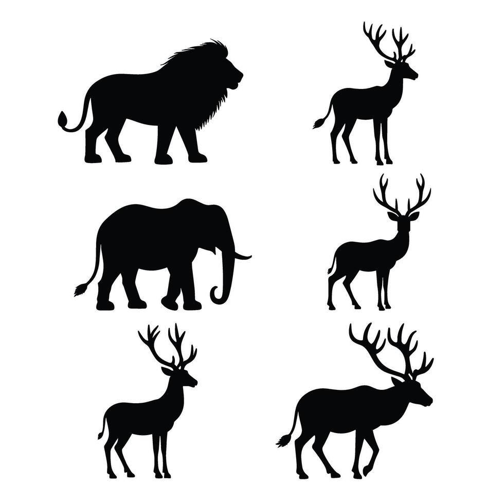 Silhouettes of a lion, elephant, and deer displayed on a white background, highlighting the diverse and majestic nature of wildlife. vector
