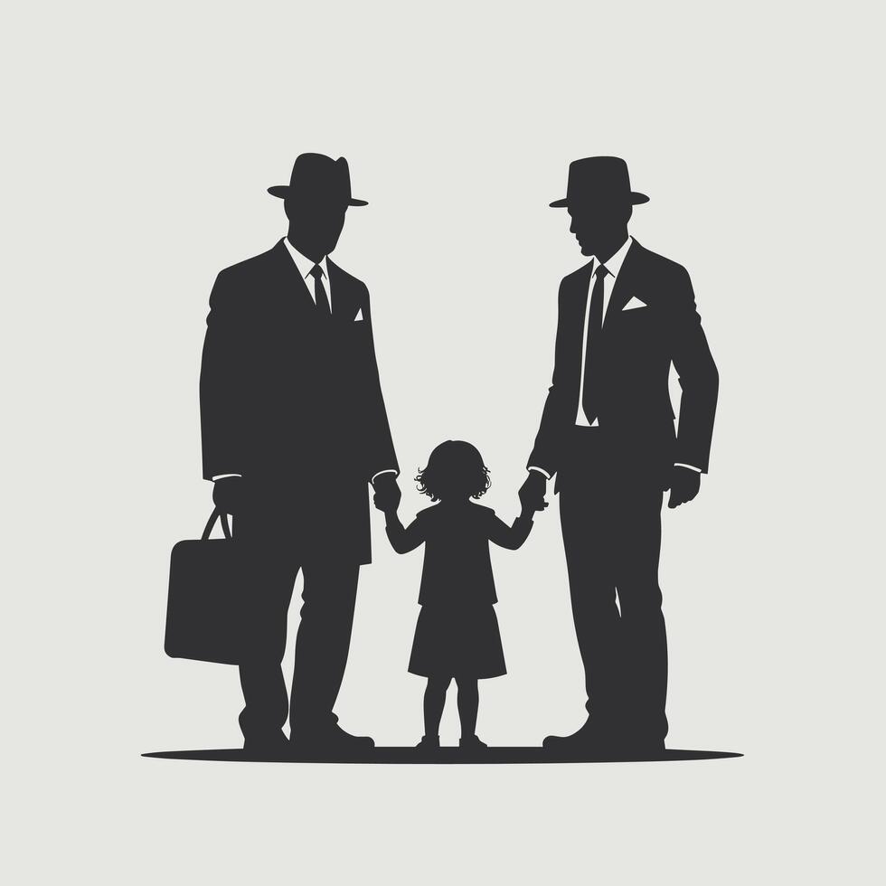 Silhouette of two men in suits and hats holding hands with a child, symbolizing family and unity in a classic and formal style. vector