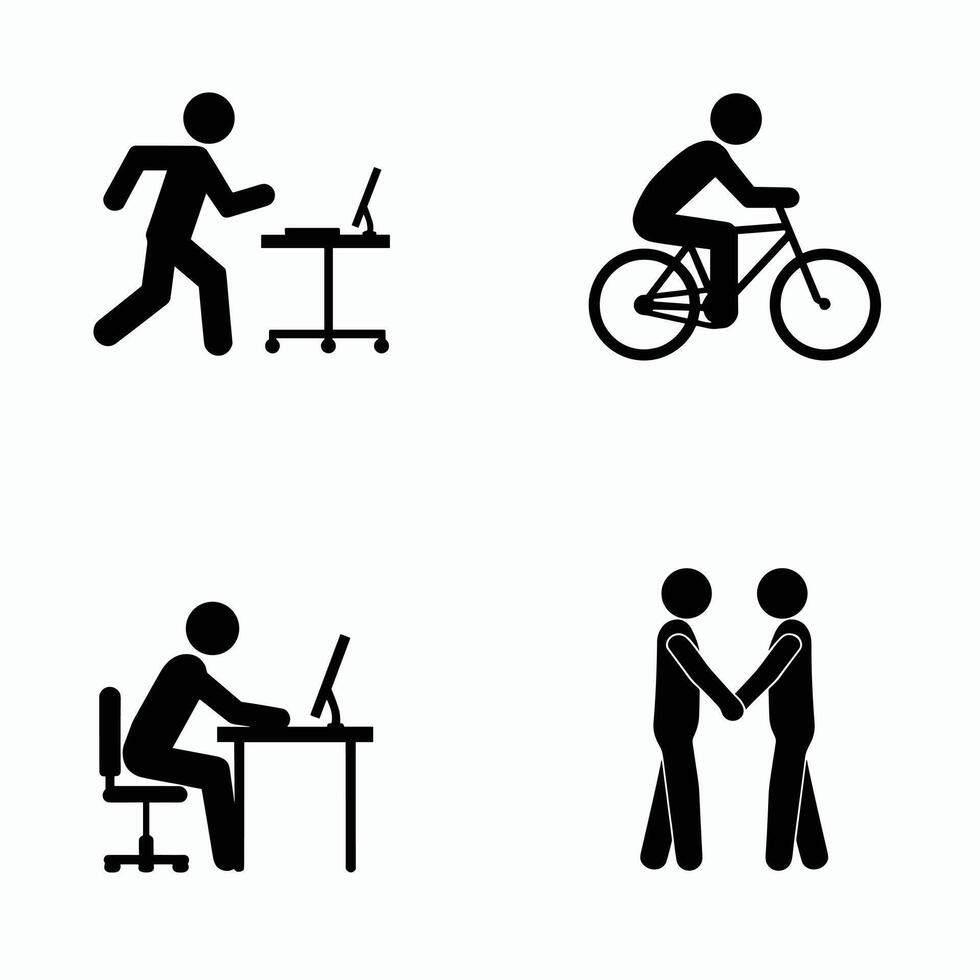 Illustration of stick figures performing various activities running, cycling, working at a desk, and shaking hands. vector