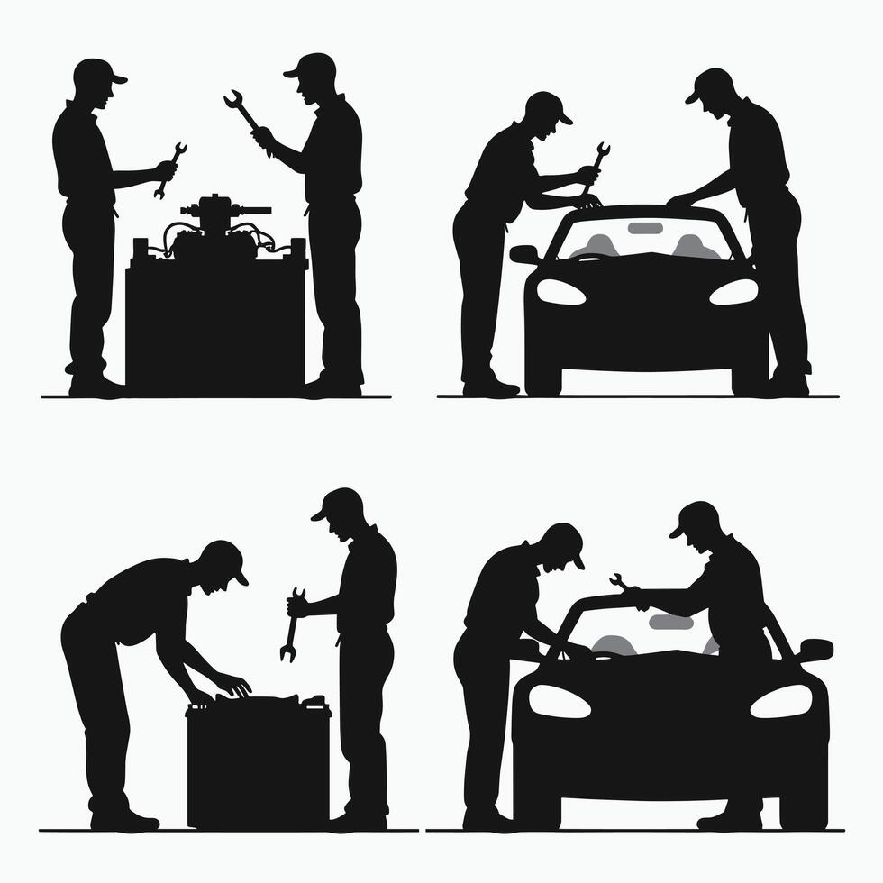Silhouette illustrations of mechanics working on car engines, showcasing the art of automotive repair and maintenance in a clean, simple style. vector