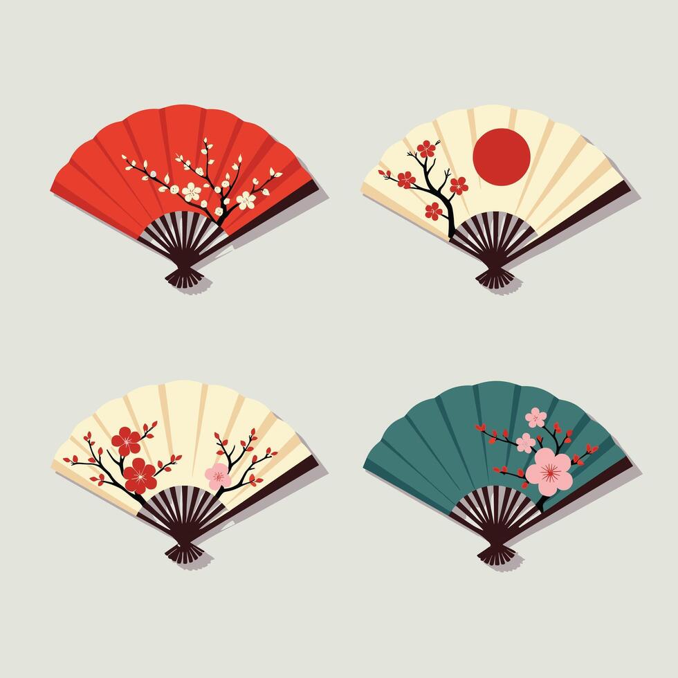 Four traditional Japanese hand fans with floral and sun designs on a light background vector