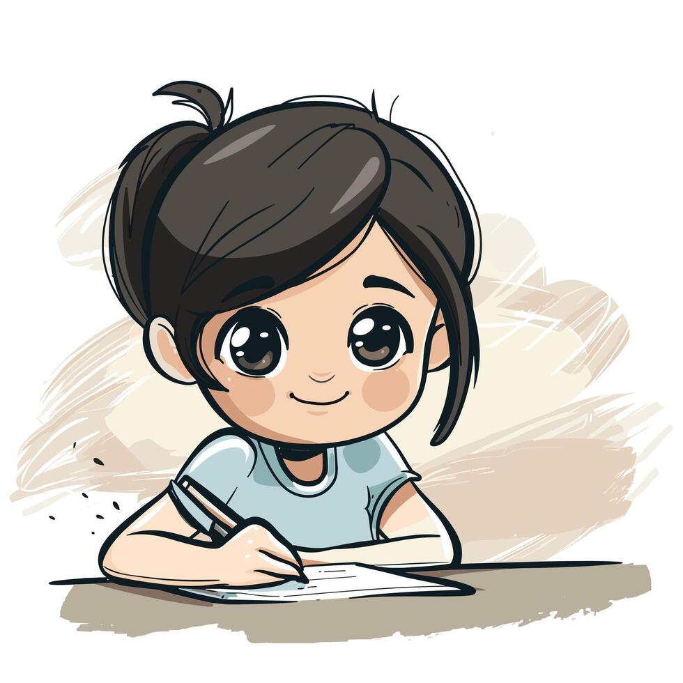 A cute cartoon girl with big eyes and dark hair writing on a piece of paper with a smile. vector
