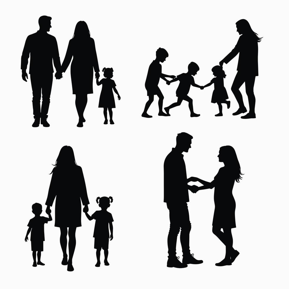 Silhouettes of families engaging in different activities, highlighting the bonds between parents and children through playful and tender interactions. vector