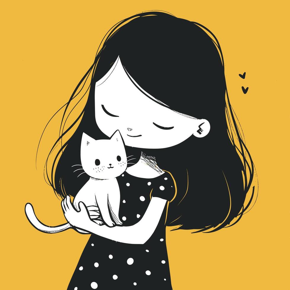 Cute illustration of a girl holding a cat, set against a yellow background. vector