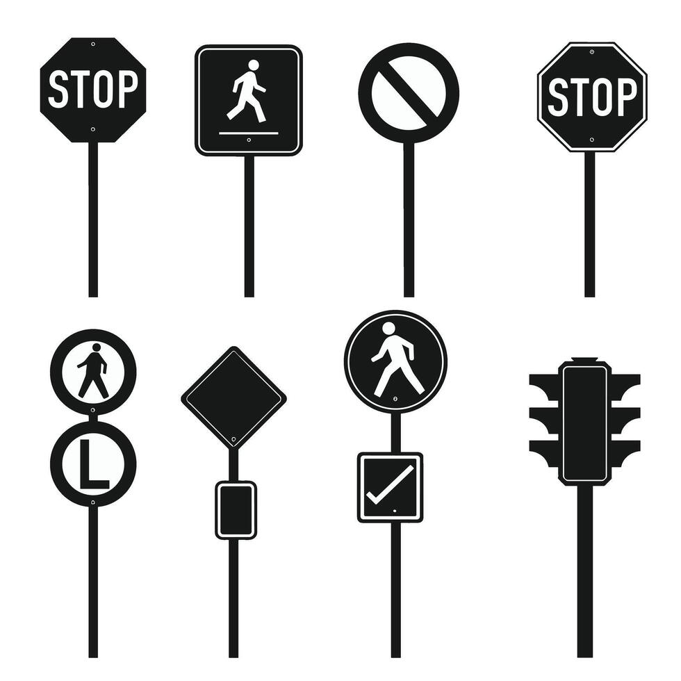 Collection of various black and white traffic signs including stop, pedestrian crossing, and no entry symbols on a white background. vector