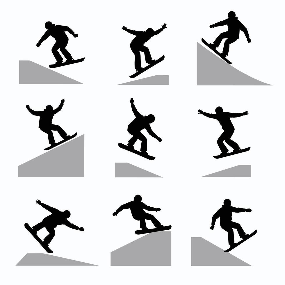 Silhouettes of snowboarders performing tricks on slopes, showcasing dynamic movements and stunts. vector