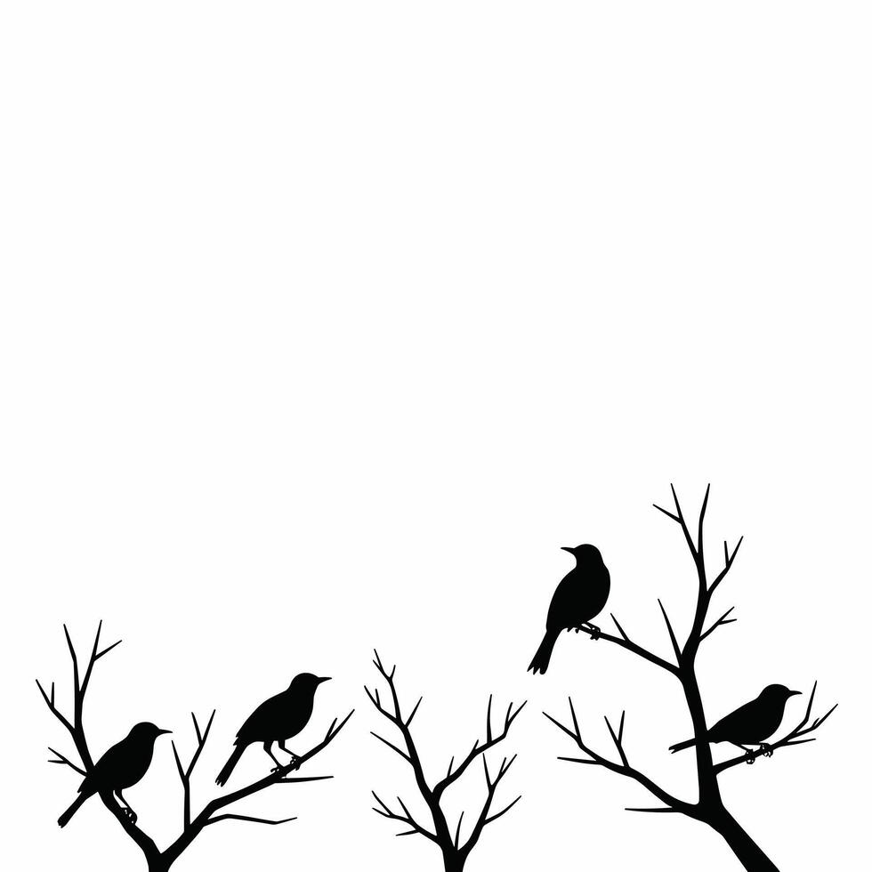 Silhouettes of birds perched on bare branches against a plain white backdrop, evoking a serene and minimalist atmosphere. vector