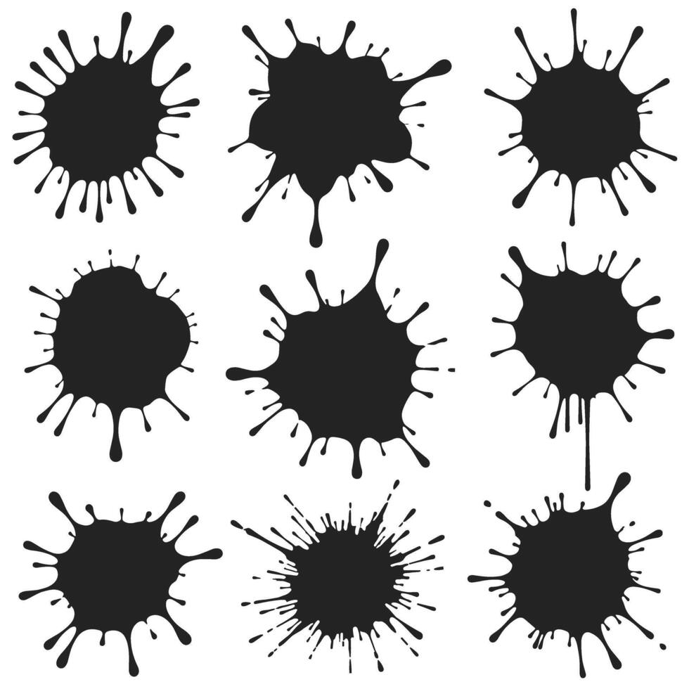 Abstract black ink splatters of various shapes and sizes on a white background. vector