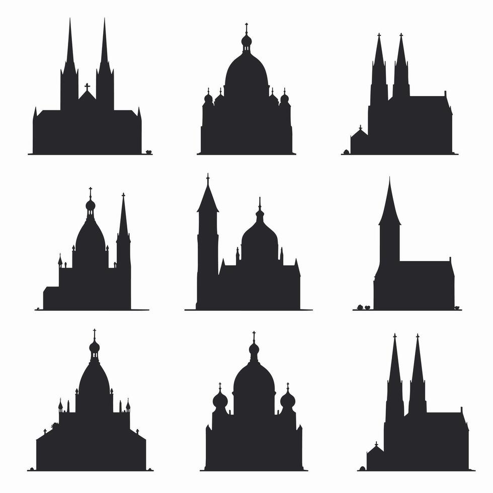 Silhouettes of various Gothic and Baroque church structures against a white background. vector