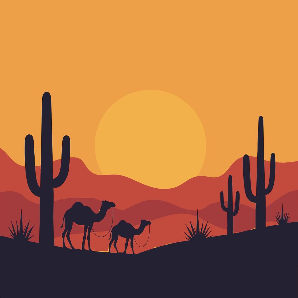 Silhouettes of two camels walking at sunset in a desert landscape, with tall cacti and rolling sand dunes under a vibrant orange and yellow sky. vector