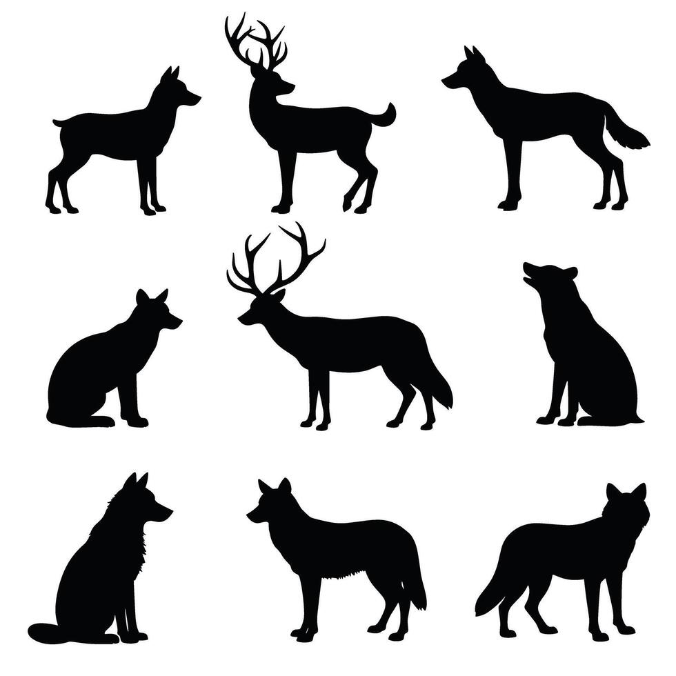 Silhouettes of various wildlife animals, including deer and wolves, set against a white background, showcasing elegant and natural forms. vector