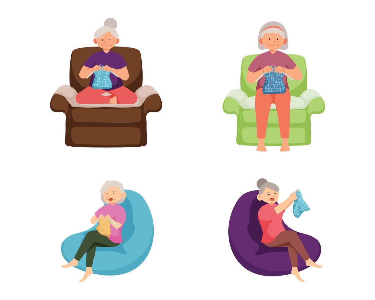 Old woman doing kniting work with happy feeling,in cartoon character, vector