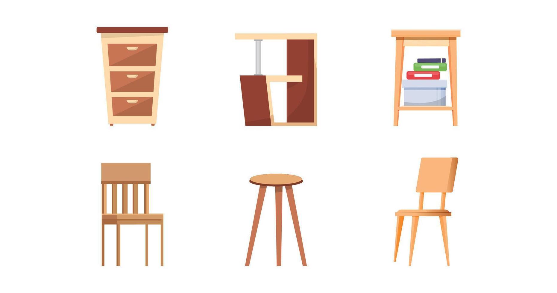 Modern woodern chairs,cupboard,table,shelf.furniture element in cartoon character, vector