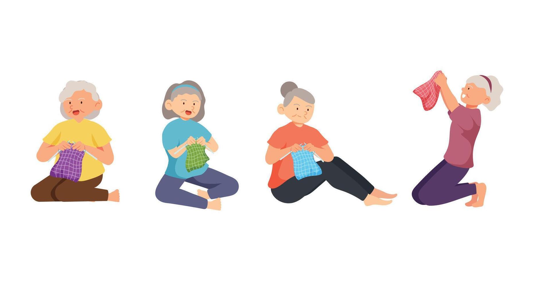 Old woman doing kniting work with happy feeling,in cartoon character, vector