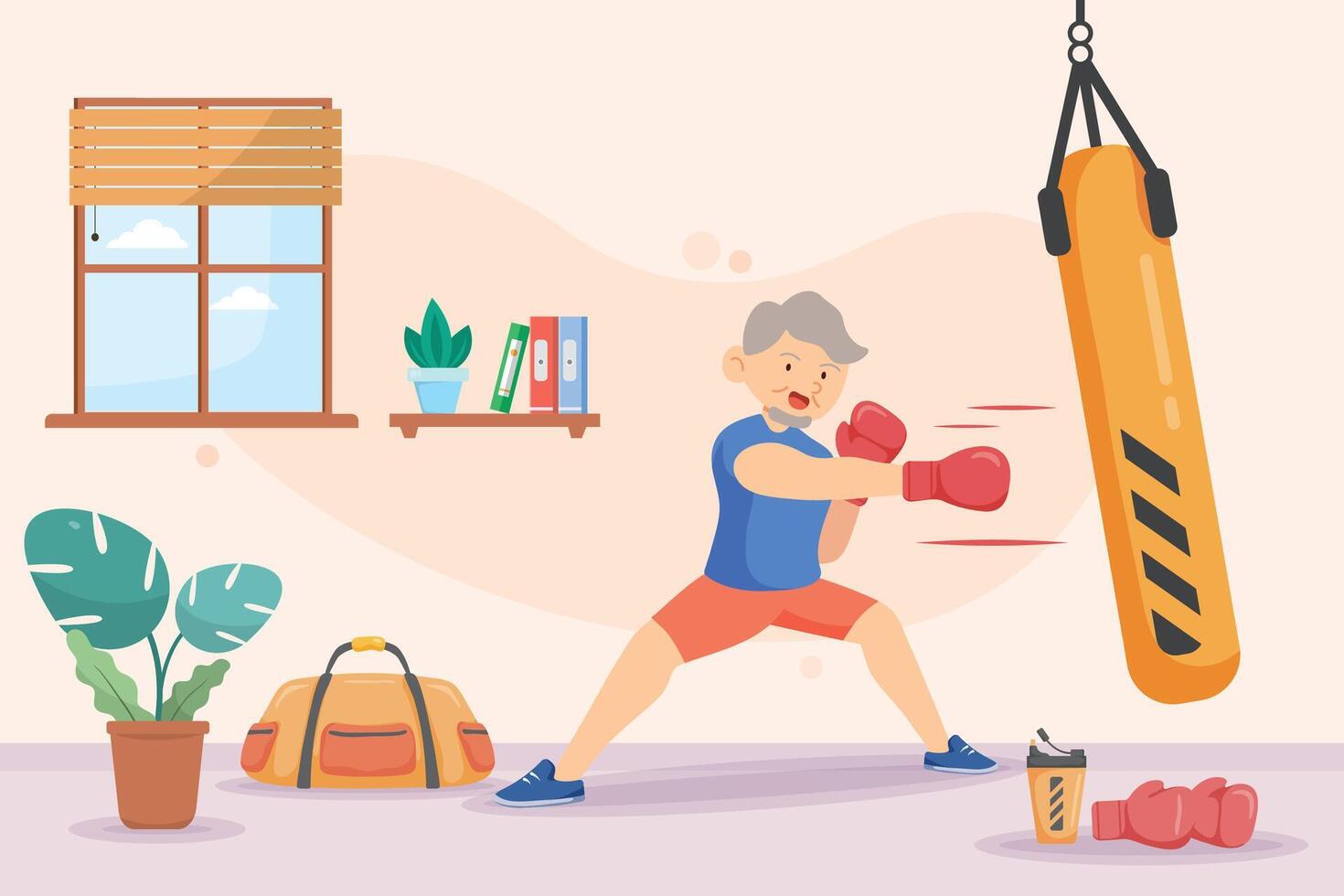 Old man practice boxing exercise ,in cartoon character, vector