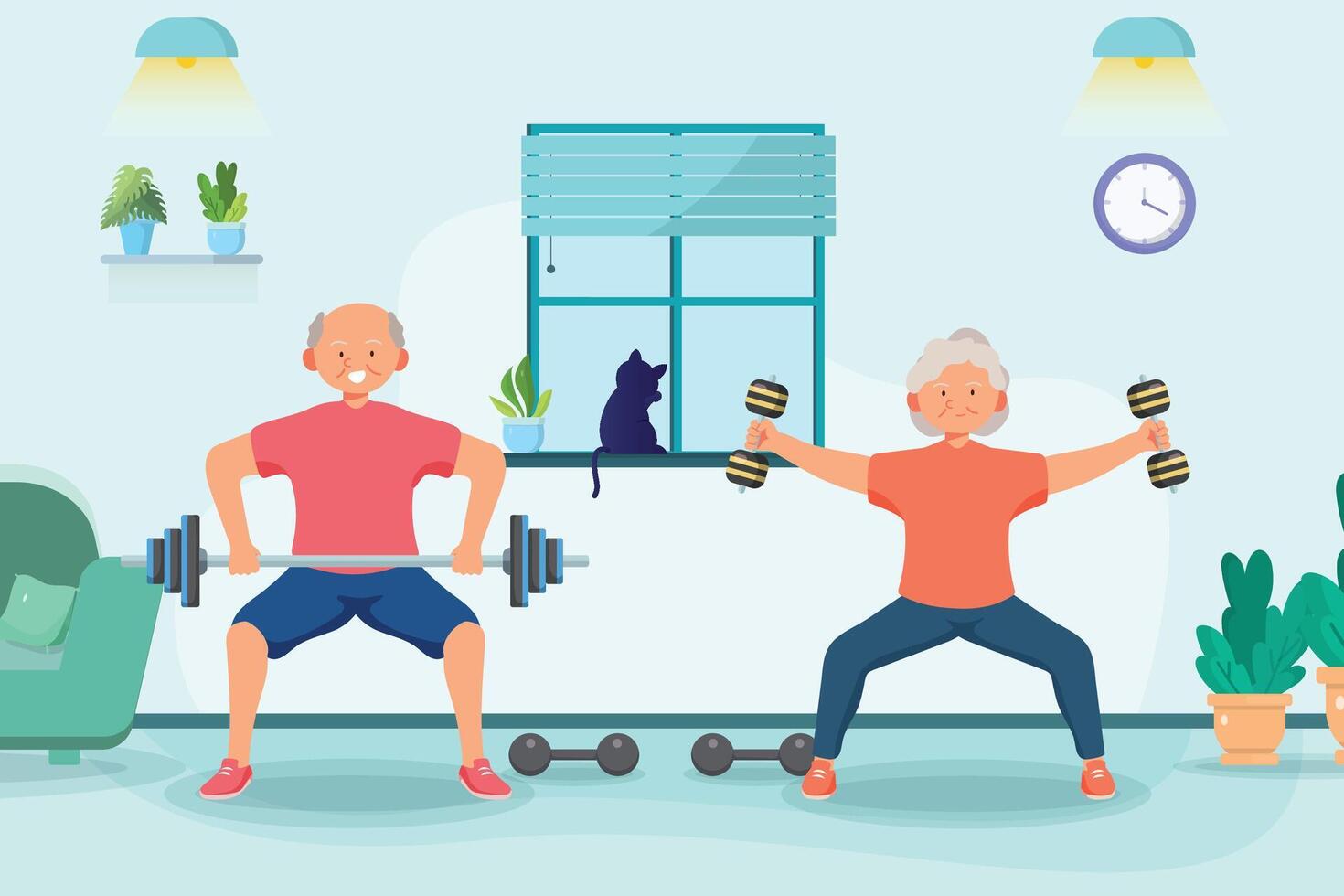 Old aged couple doing exercise at home,in cartoon character, vector