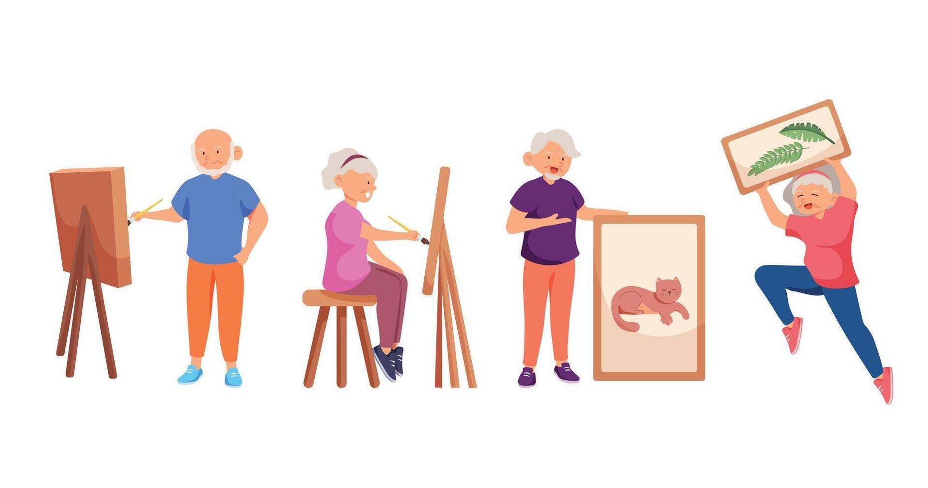 Old people drawing and painting with happy feeling,in cartoon character,i vector
