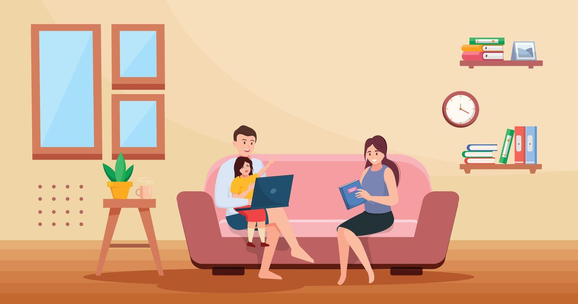 Parent working form home,warm family,positive feeling, vector