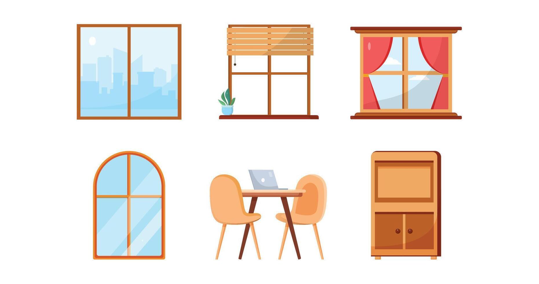 Different design of window,chair with table,cupboard.Furniture element in cartoon, vector