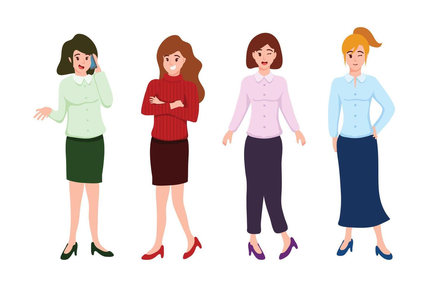 Beautiful ladies in cartoon character,different style,posing with colorful costume with happy feeling, vector