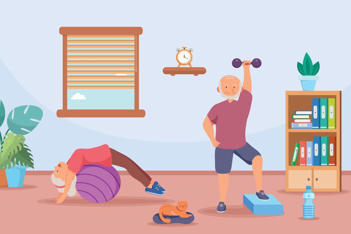 Old aged couple doing exercise at home,in cartoon character, vector