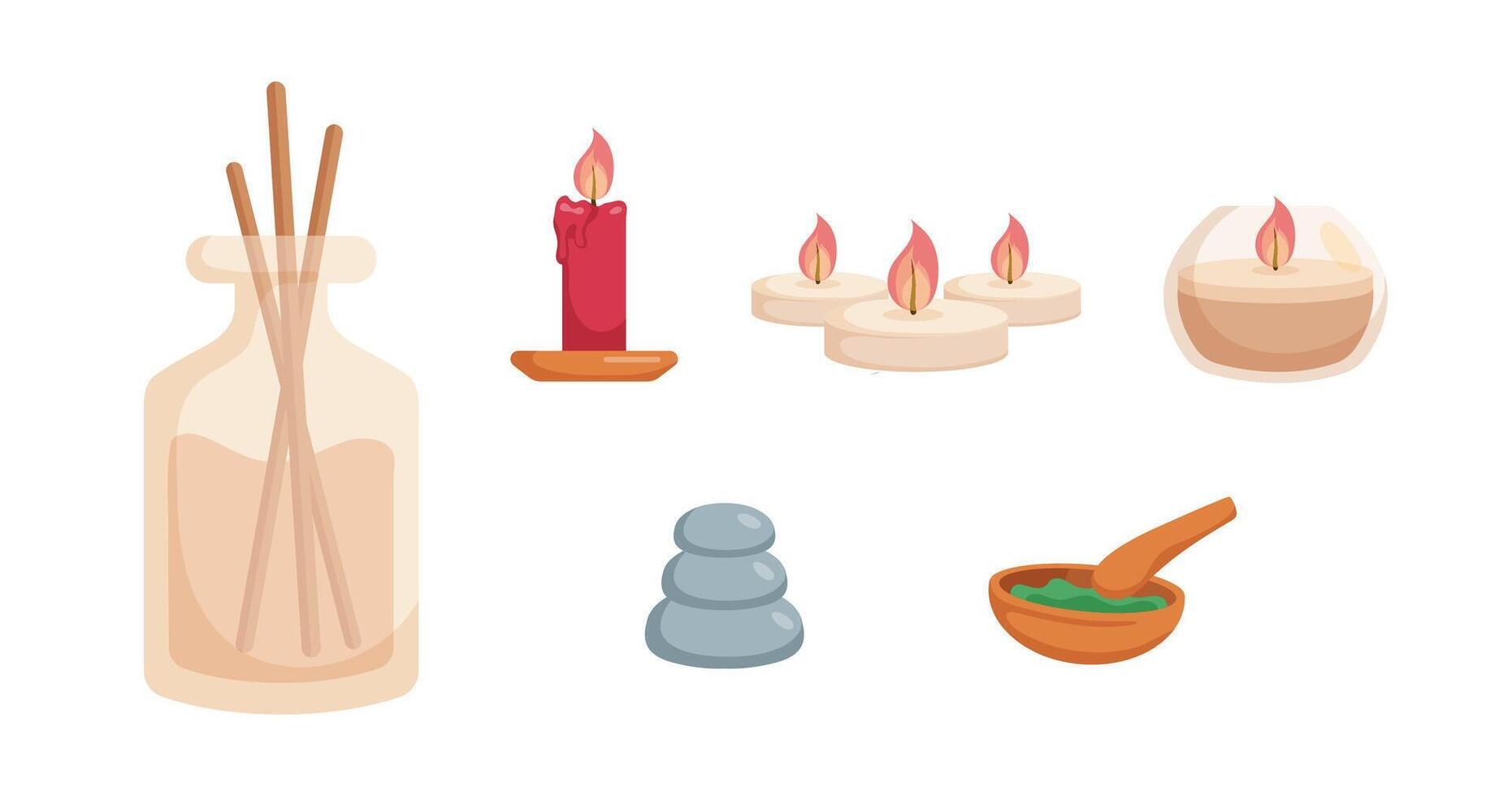 Aroma sticks,Candle,wood spa cup.Meditation elements in cartoon character, vector