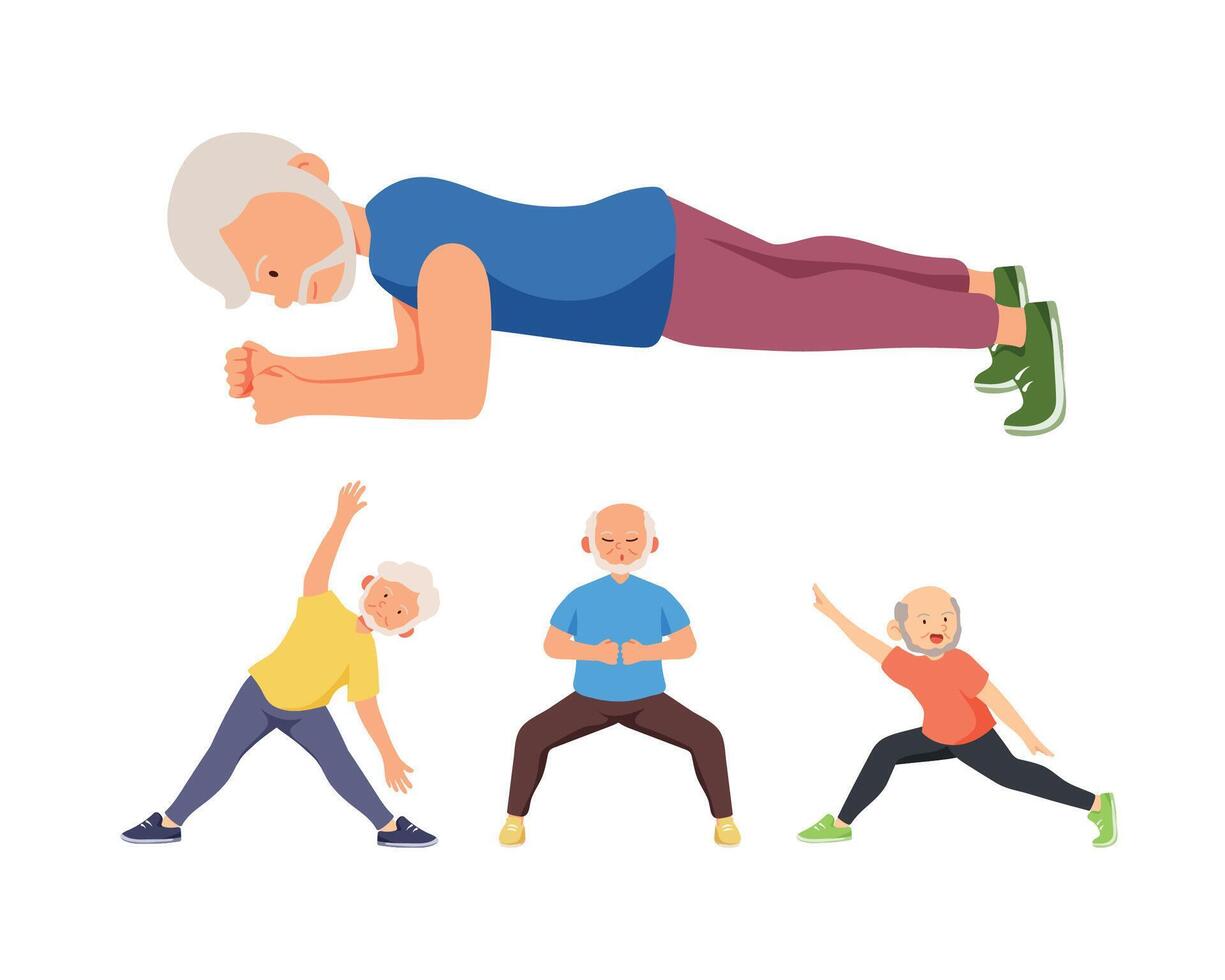 Old aged people doing exercise in cartoon character, vector