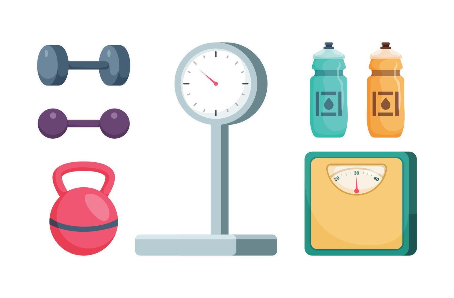 Dumbbell,Kettlebell,Weighing machine.Exercise equipment in cartoon character, vector