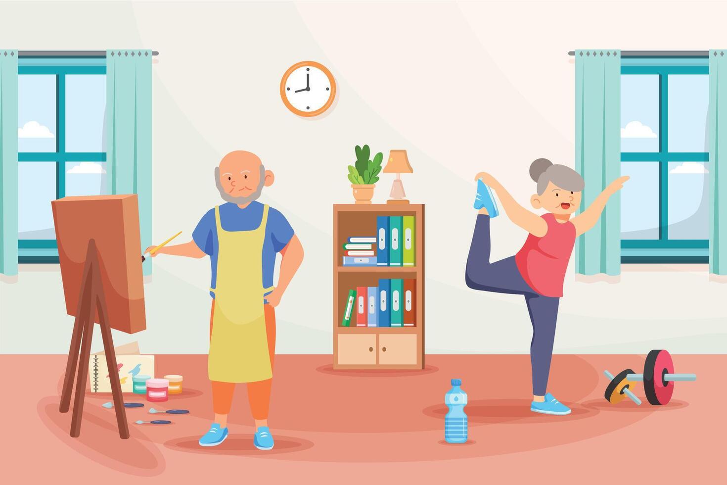 Old man drawing beside his wife is exercise.Doing activity together at home,hobby time, vector