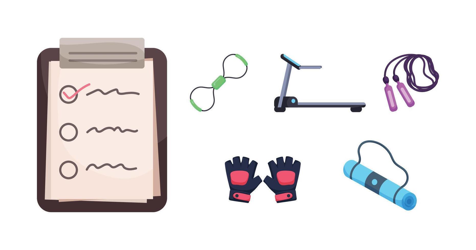 Schedule paper,Gloves,Mat.Exercise equipment in cartoon character vector