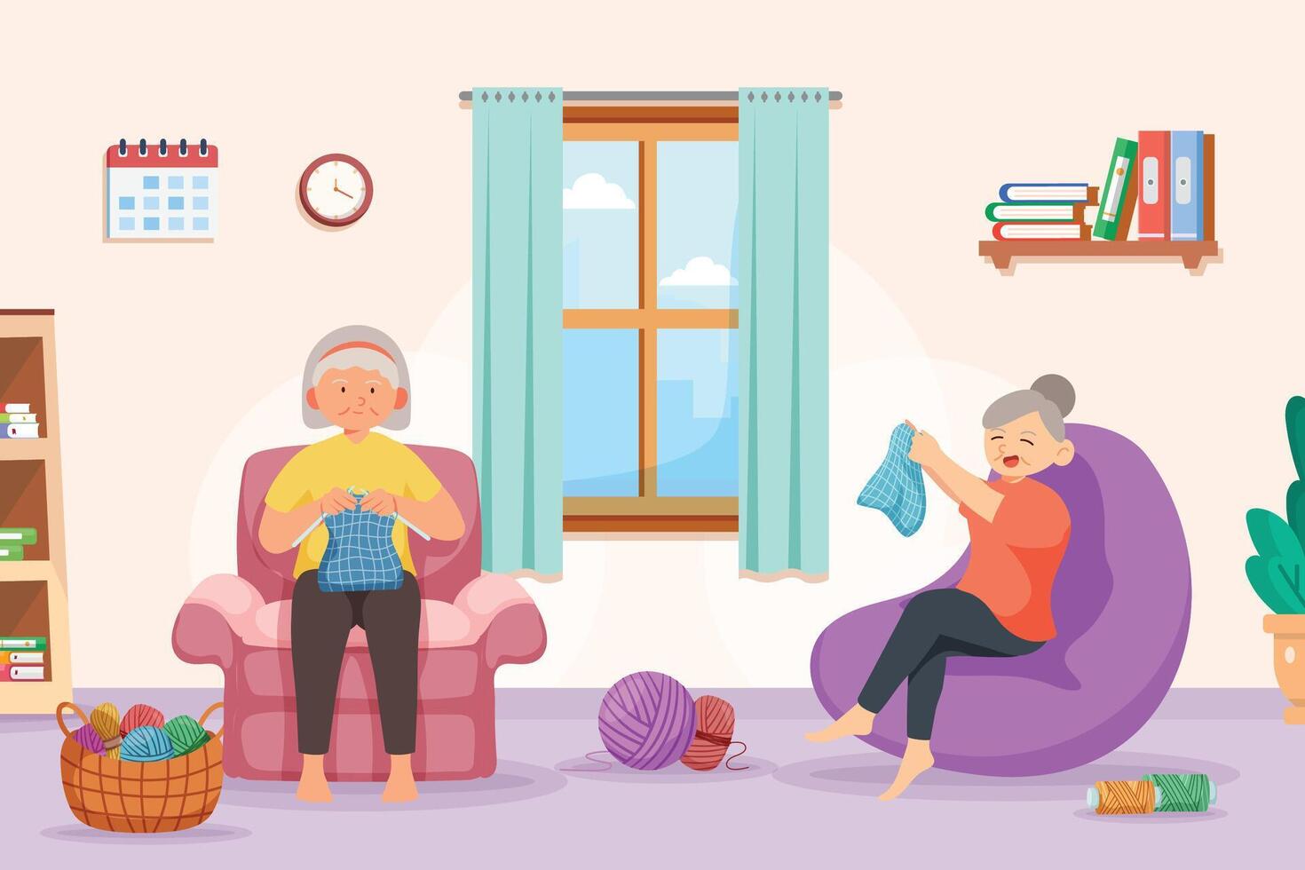 Old aged doing kniting work at home,hobby of senior vector