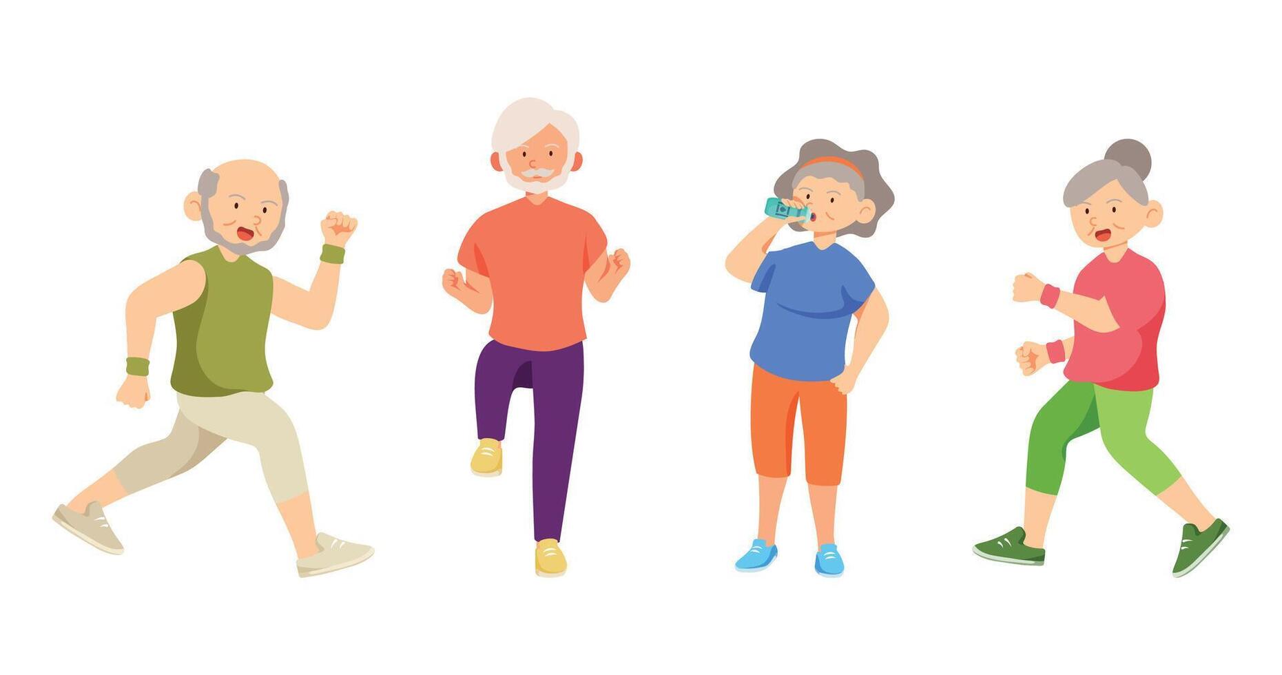 Old aged people doing exercise in cartoon character, vector