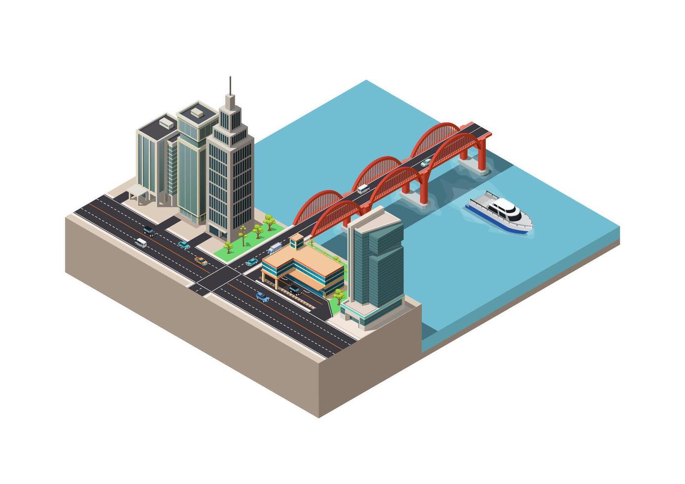 Isometric riverside city buildings vector