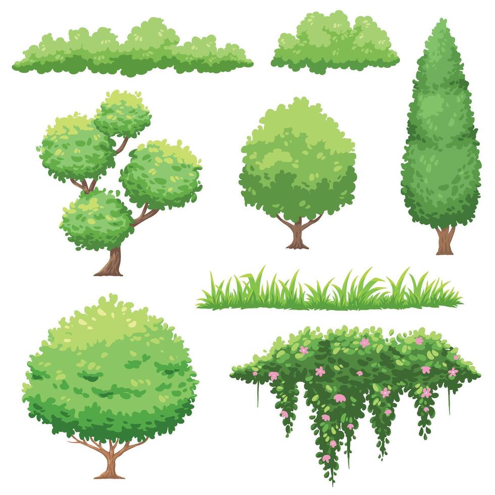 Tree shrub. Green grass. Bush flat illustration. vector
