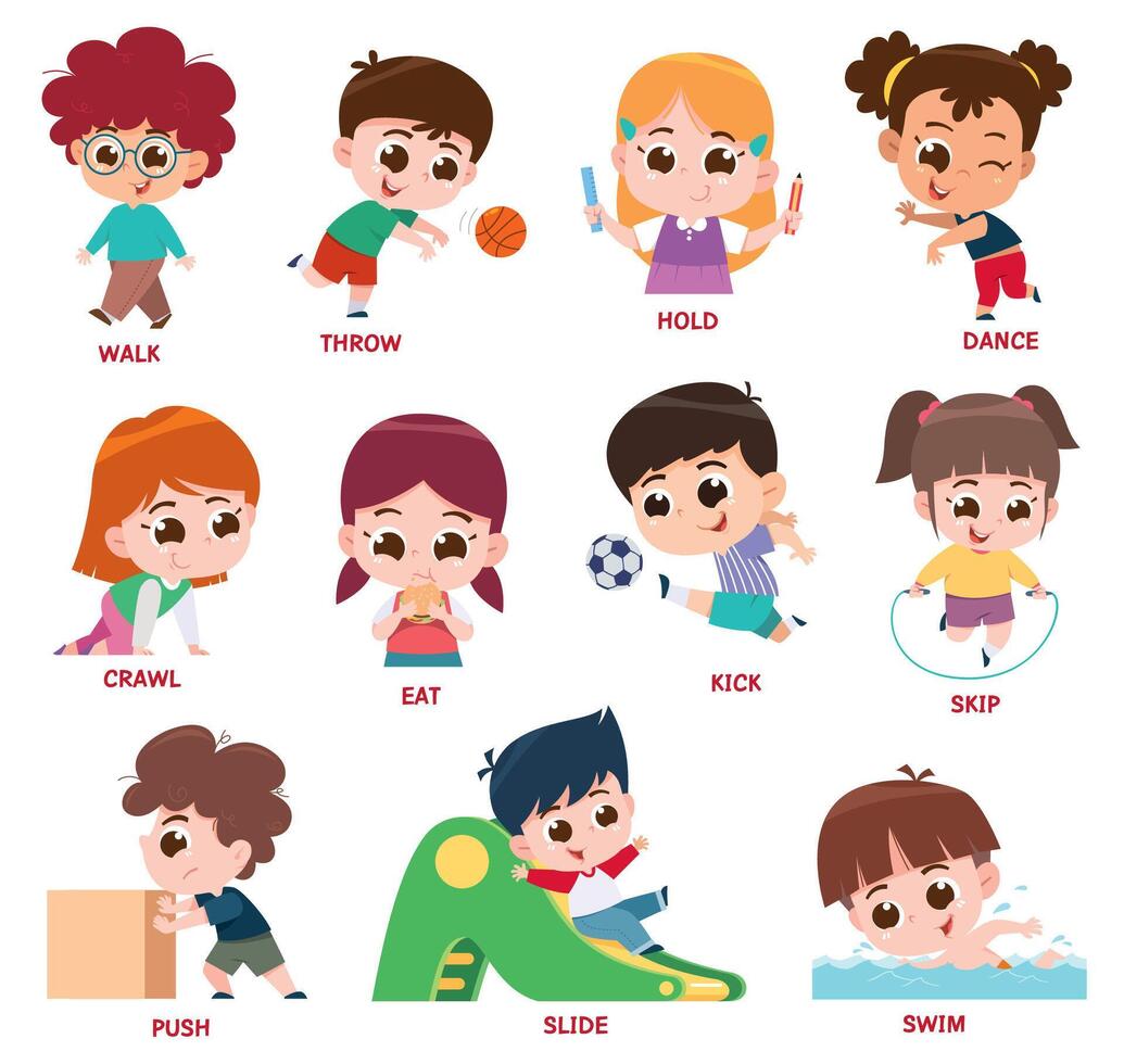 Verbs Expressing Actions Set. Cartoon kids character vector