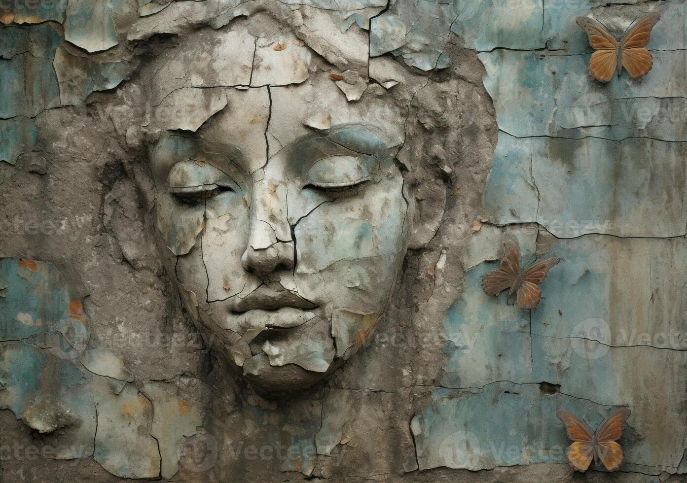 A serene angel's face is etched on a weathered wall photo