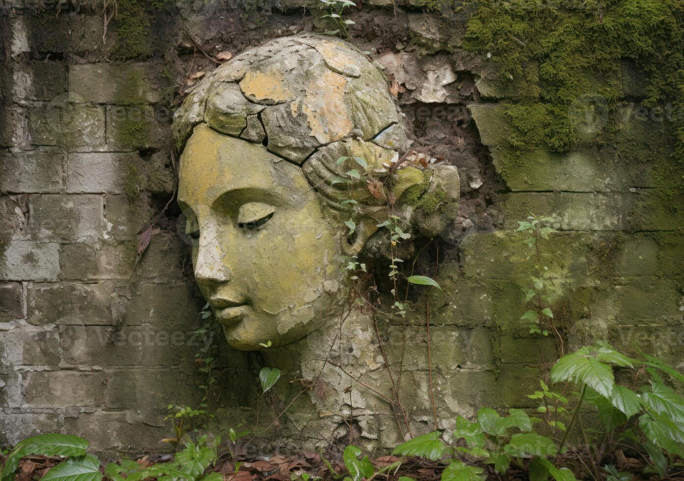 A serene angel's face is etched on a weathered wall photo