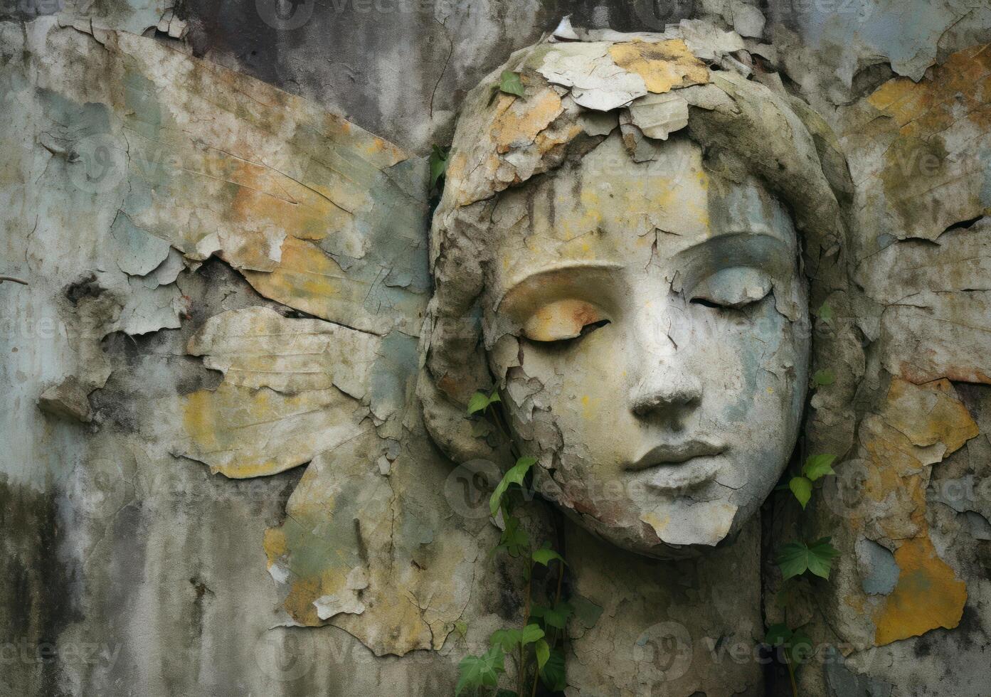 A serene angel's face is etched on a weathered wall photo