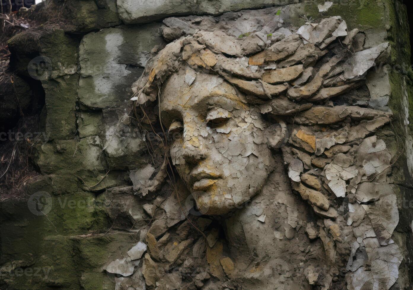 A serene angel's face is etched on a weathered wall photo