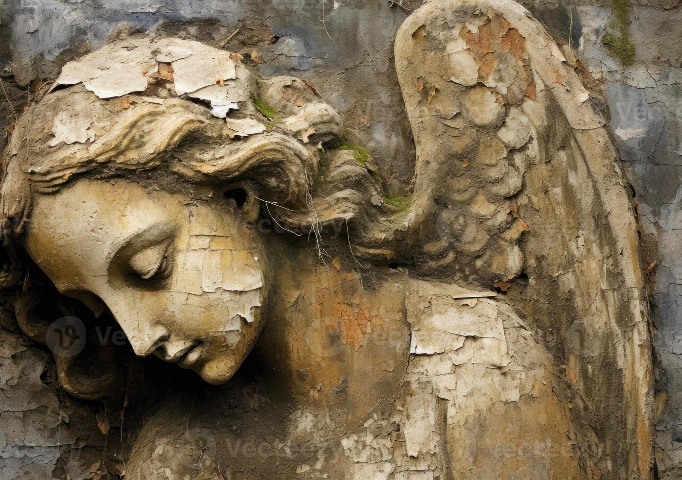 A serene angel's face is etched on a weathered wall photo