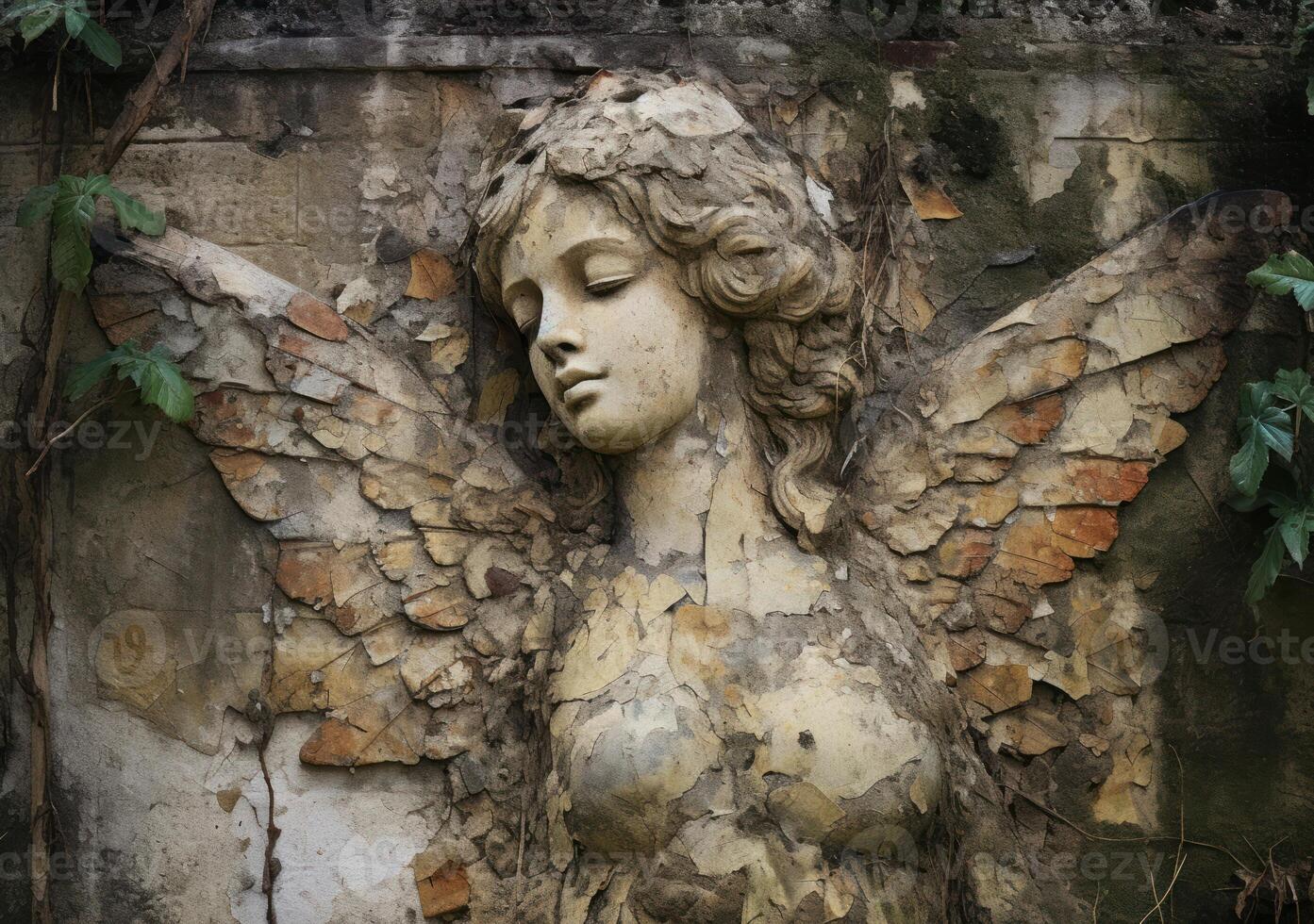 A serene angel's face is etched on a weathered wall photo