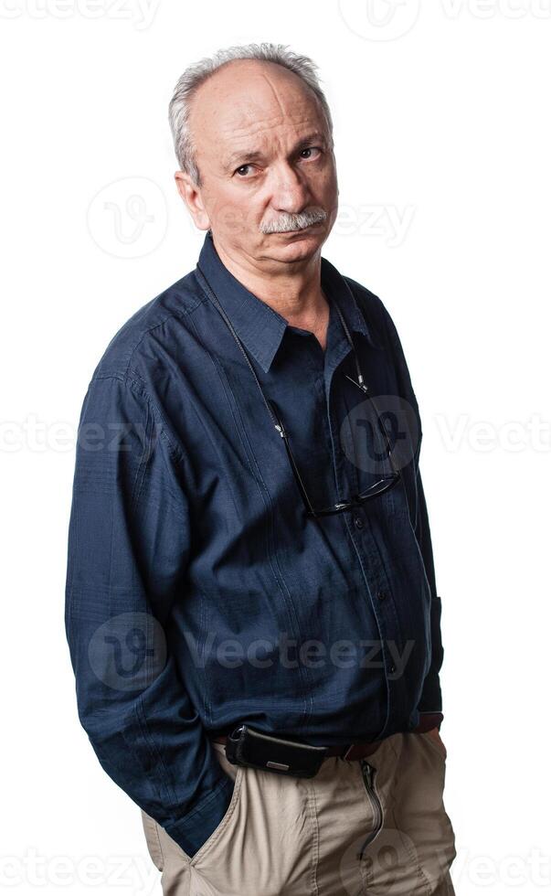 An older man with a mustache and glasses photo