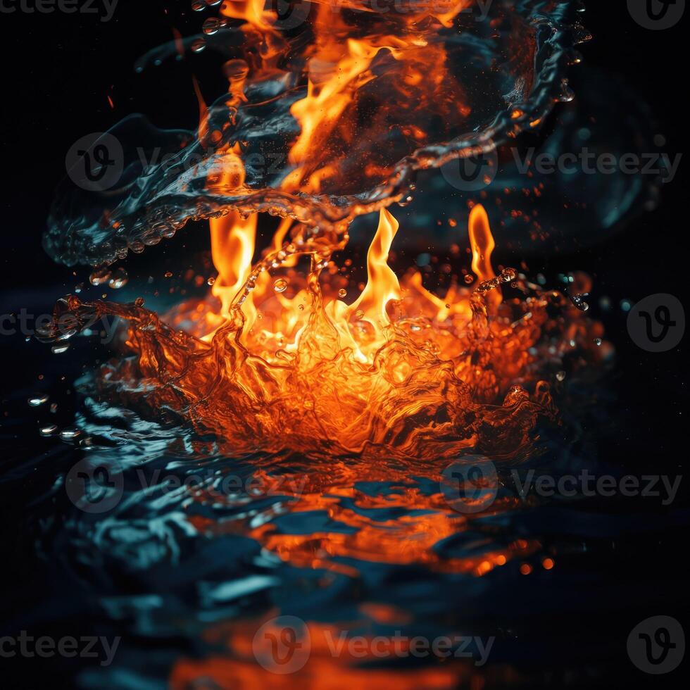 Fiery flames clash with surging water in a dynamic battle of elements. The wild flame battles the cool water in an iconic elemental confrontation photo