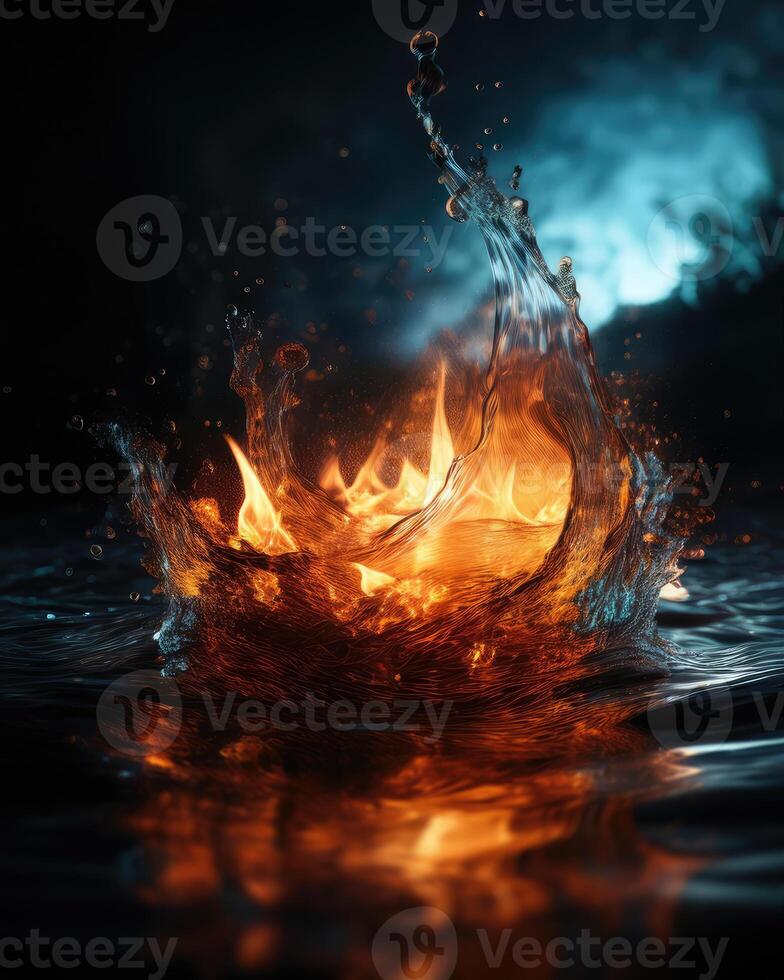 Fire and water splash on the dark background photo