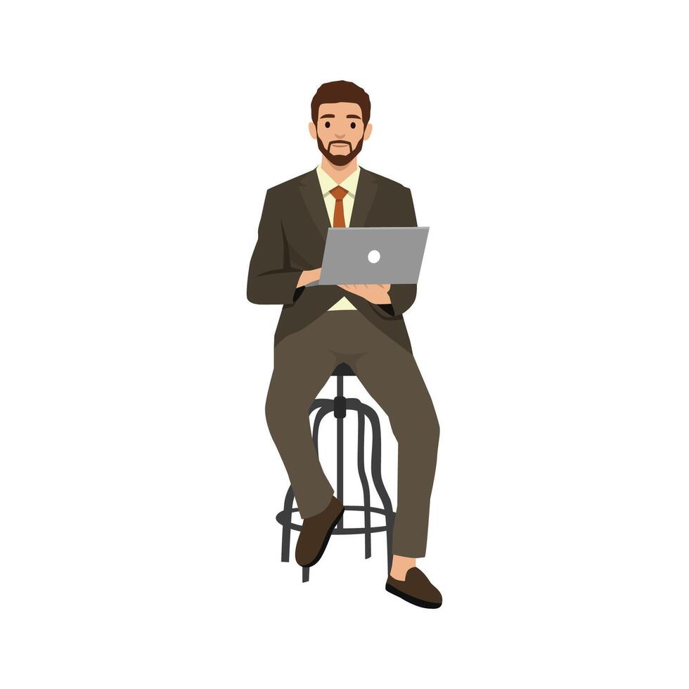 Young businessman Creative Outsourced Employee Sitting on Chair Working on Laptop. vector