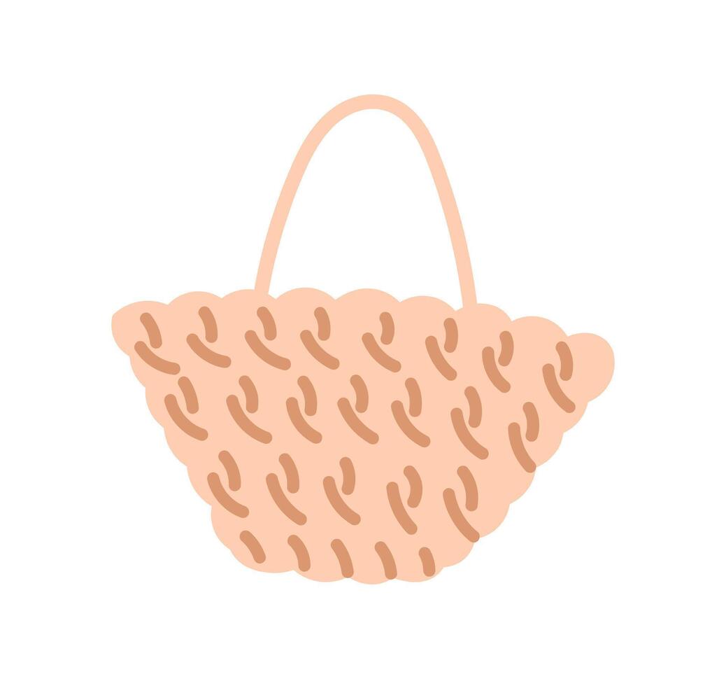 Straw bag for summer beach essentials, women accessory of trapee shape, modern fashion weaven female item flat illustration. vector