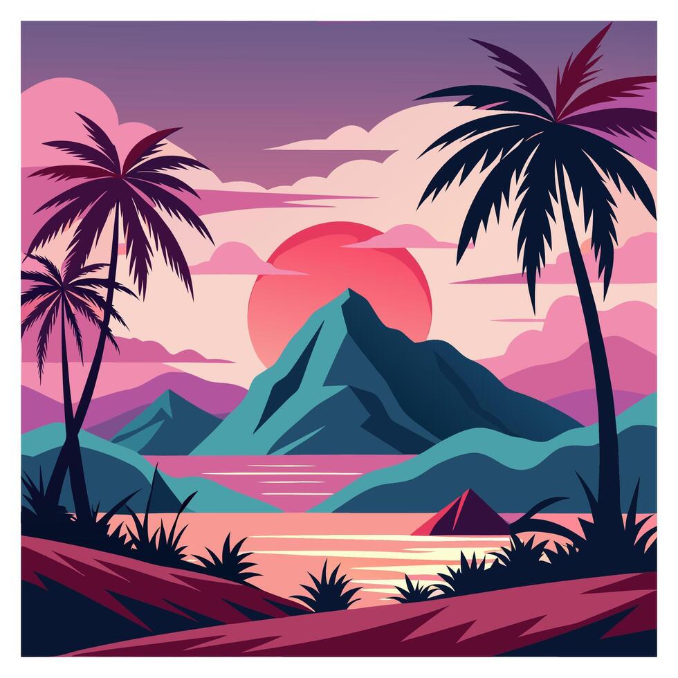 Tropical landscape with palm trees and mountains vector