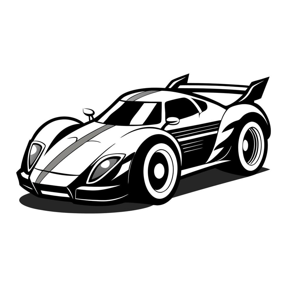 A black and white drawing of a racing car vector