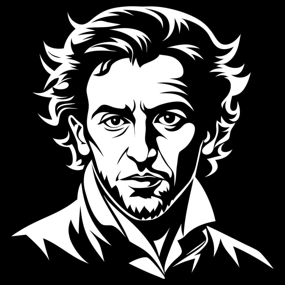 A black and white drawing of a man with curly hair vector