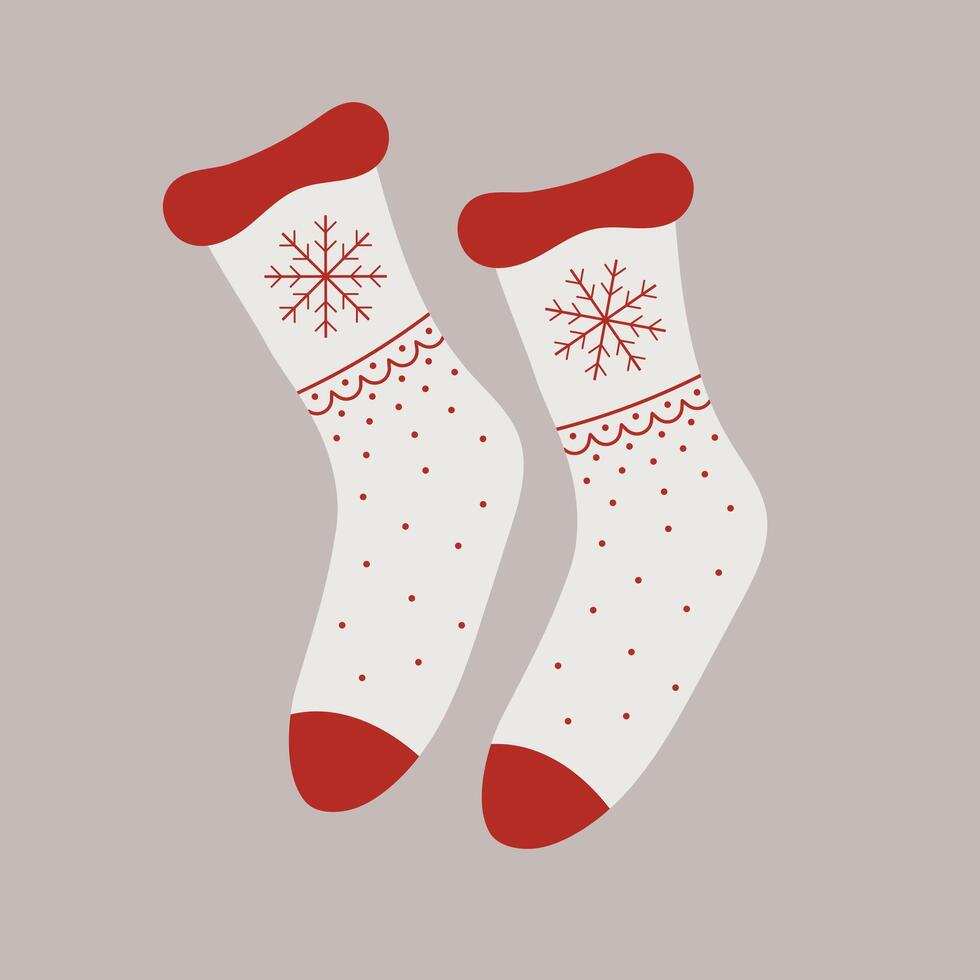 Christmas pair of white socks with snowflake. New Year decoration. Flat illustration vector